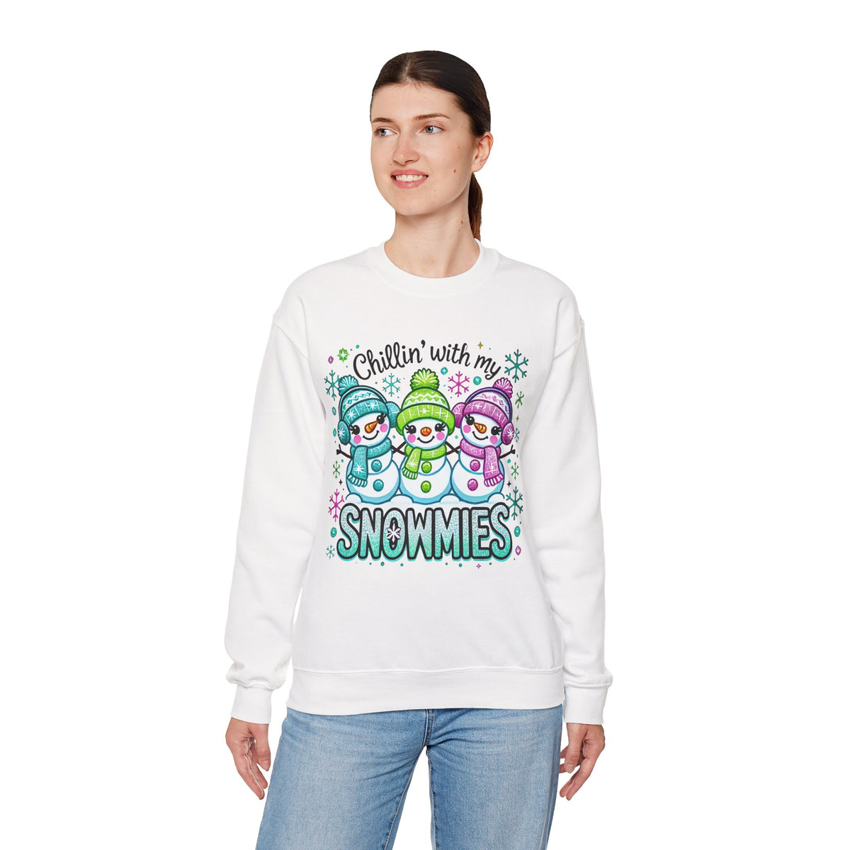 Chillin' With My Snowmies, Winter Snowman – Gildan Heavy Blend | Trendy Women’s Soft Sweatshirt. Direct to Garment. Printed & Shipped in the USA. Unisex Sizes.