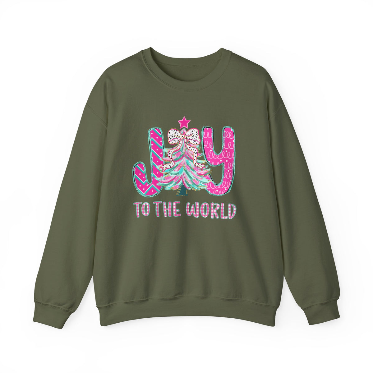 Joy to the World w/Christmas Tree Pink and Teal – Gildan Heavy Blend | Trendy Women’s Soft Sweatshirt. Direct to Garment. Printed & Shipped in the USA. Unisex Sizes.
