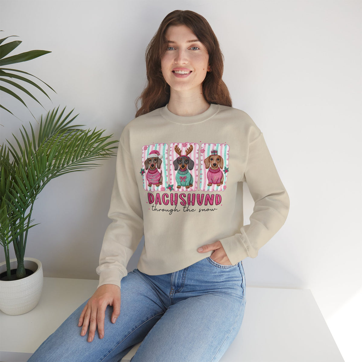 Dachshund Through the Snow – Gildan Heavy Blend | Trendy Women’s Soft Sweatshirt. Direct to Garment. Printed & Shipped in the USA. Unisex Sizes.