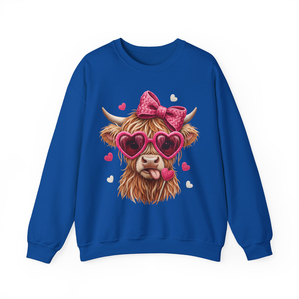 Highland Cow - Pink Heart Shaped Glasses – Gildan Heavy Blend | Trendy Women’s Soft Sweatshirt. Direct to Garment. Printed & Shipped in the USA. Unisex Sizes.