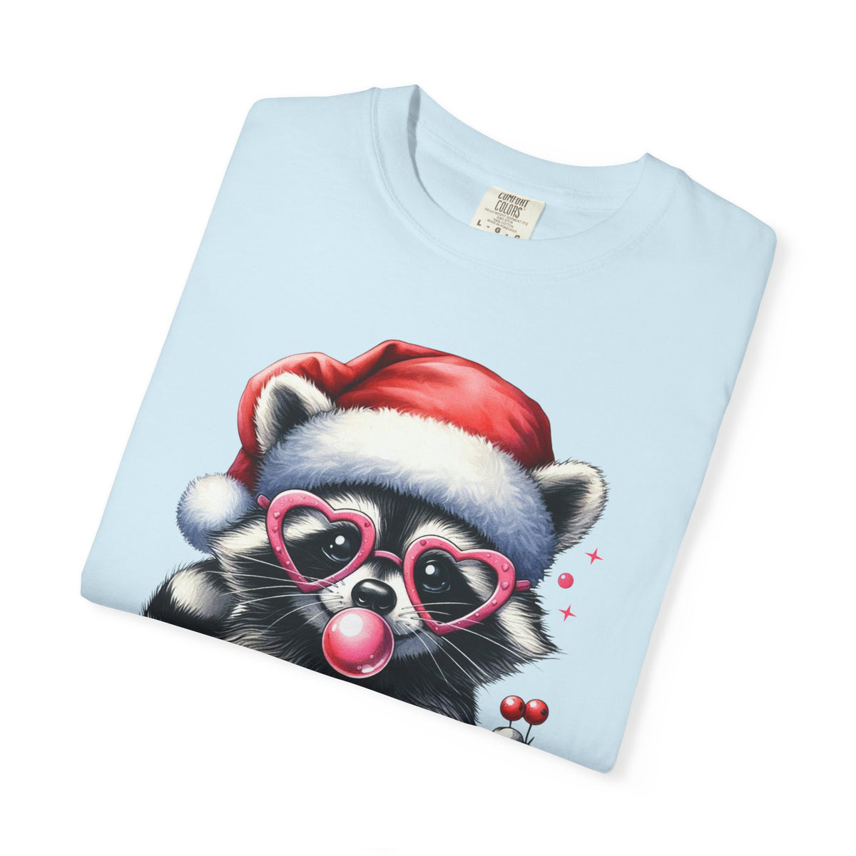 Merry Trashmas Bubblegum Raccoon w/Santa Hat Christmas - Comfort Colors | Trendy Women's T-Shirt. Direct to Garment. Printed & Shipped in the USA. Unisex Sizes.