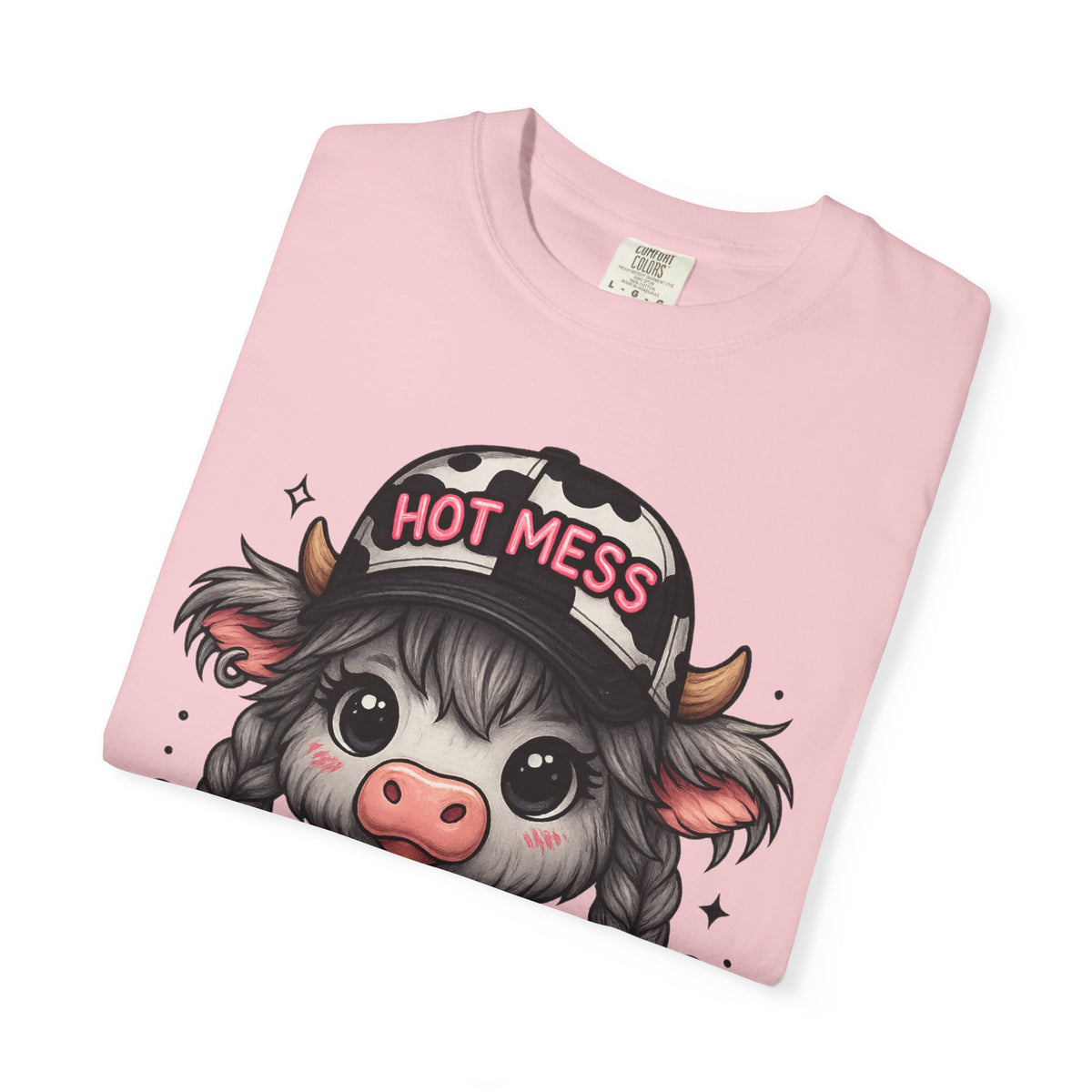Cute Highland Cow 'Hot Mess' In Braids  - Comfort Colors | Trendy Women's T-Shirt. Direct to Garment. Printed & Shipped in the USA. Unisex Sizes.