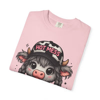 Cute Highland Cow 'Hot Mess' In Braids  - Comfort Colors | Trendy Women's T-Shirt. Direct to Garment. Printed & Shipped in the USA. Unisex Sizes.