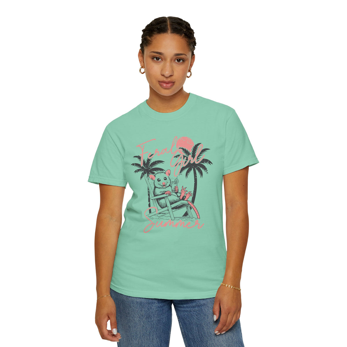 Feral Girl Summer, Possum on a Beach - Comfort Colors | Trendy Women's T-Shirt. Direct to Garment. Printed & Shipped in the USA. Unisex Sizes.
