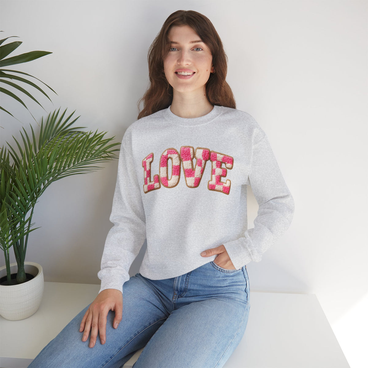 Faux Crochet Checkered LOVE – Gildan Heavy Blend | Trendy Women’s Soft Sweatshirt. Direct to Garment. Printed & Shipped in the USA. Unisex Sizes.
