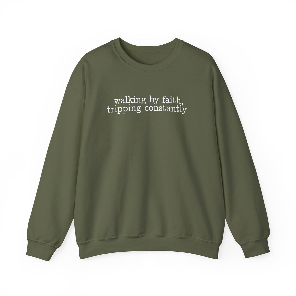 Walking By Faith, Tripping Constantly - Minimalist Design – Gildan Heavy Blend | Trendy Men's and Women’s Soft Sweatshirt. Direct to Garment. Printed & Shipped in the USA. Unisex Sizes.