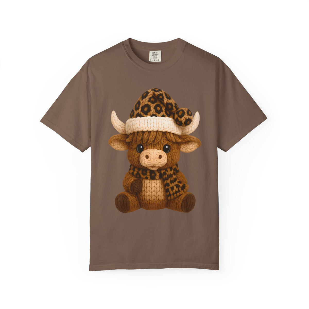Cute Highland Cow with Leopard Santa Hat Christmas - Comfort Colors | Trendy Women's T-Shirt. Direct to Garment. Printed & Shipped in the USA. Unisex Sizes.