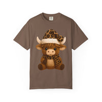 Cute Highland Cow with Leopard Santa Hat Christmas - Comfort Colors | Trendy Women's T-Shirt. Direct to Garment. Printed & Shipped in the USA. Unisex Sizes.