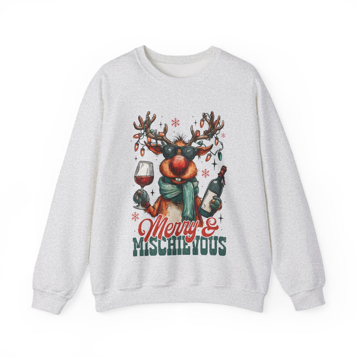 Merry & Mischievous Reindeer – Gildan Heavy Blend | Trendy Women’s and Men's Soft Sweatshirt. Direct to Garment. Printed & Shipped in the USA. Unisex Sizes.