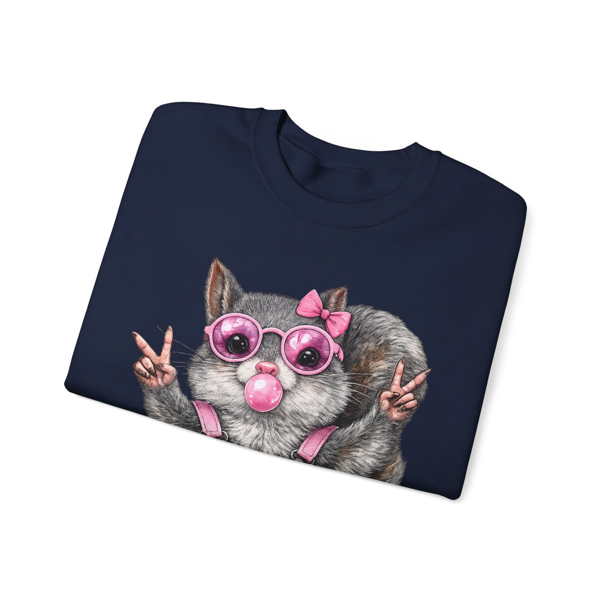 Cute But Feral, Squirrel in Pink Bibs – Gildan Heavy Blend | Trendy Women’s Soft Sweatshirt. Direct to Garment. Printed & Shipped in the USA. Unisex Sizes.