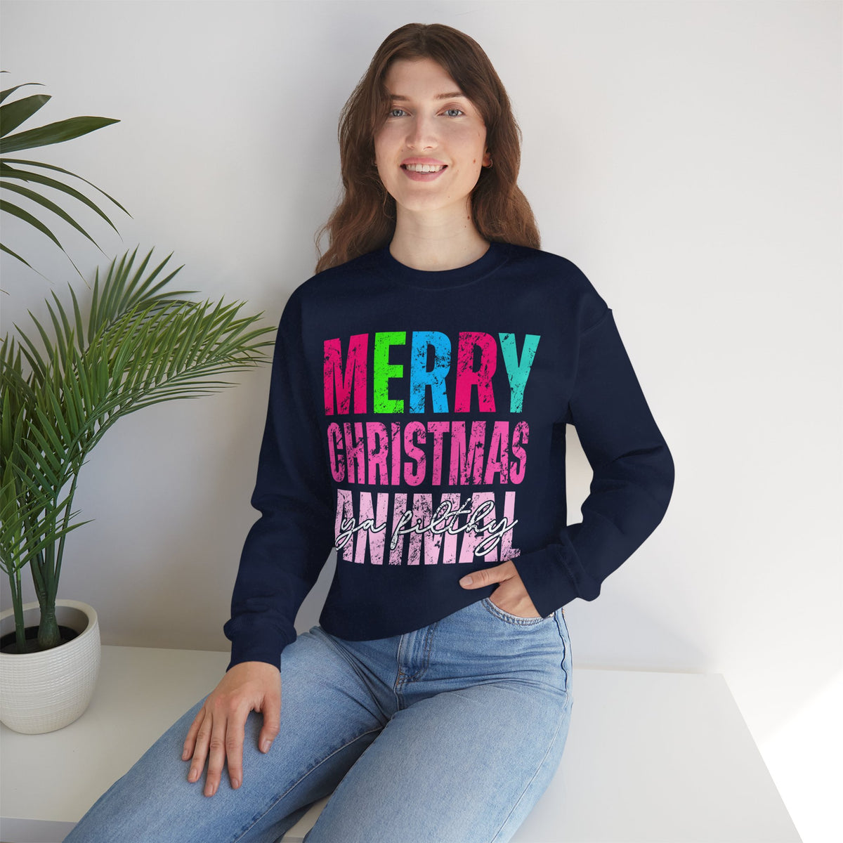 Merry Christmas Ya Filthy Animal – Gildan Heavy Blend | Trendy Women’s Soft Sweatshirt. Direct to Garment. Printed & Shipped in the USA. Unisex Sizes.