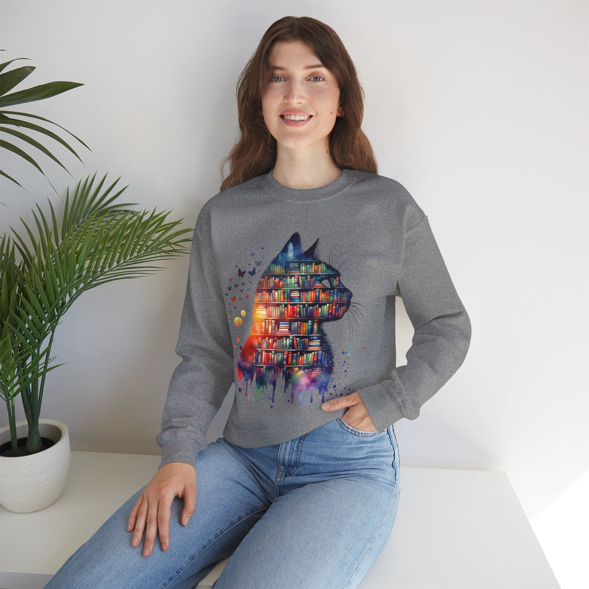 Cat Silhouette for Book Lovers – Gildan Heavy Blend | Trendy Women’s Soft Sweatshirt. Direct to Garment. Printed & Shipped in the USA. Unisex Sizes.