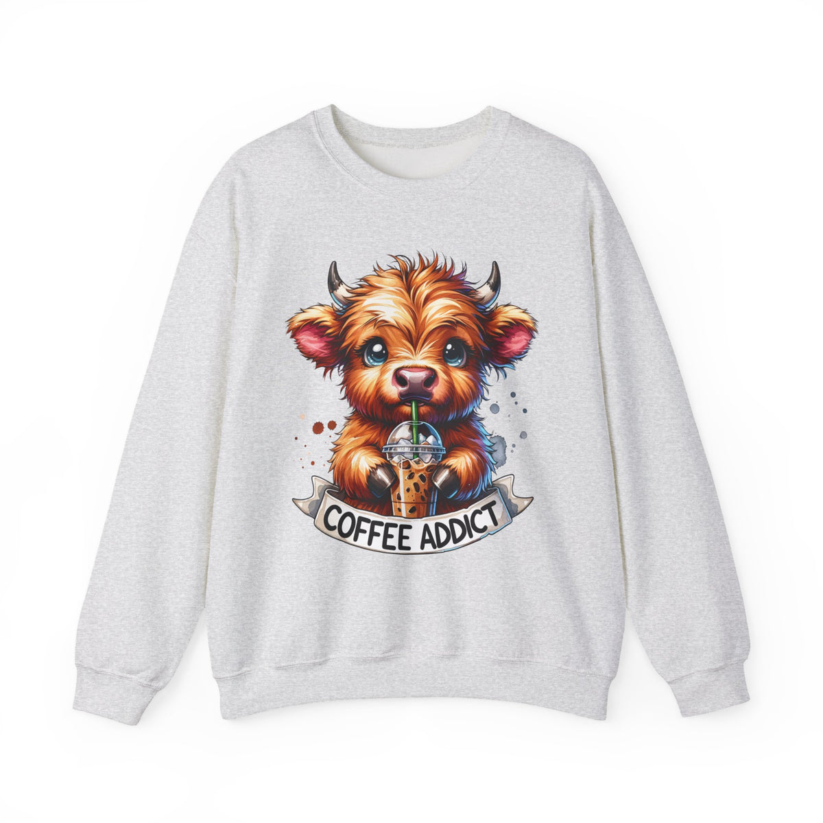 Coffee Addict Highland Cow Drinking Iced Coffee – Gildan Heavy Blend | Trendy Women’s Soft Sweatshirt. Direct to Garment. Printed & Shipped in the USA. Unisex Sizes.