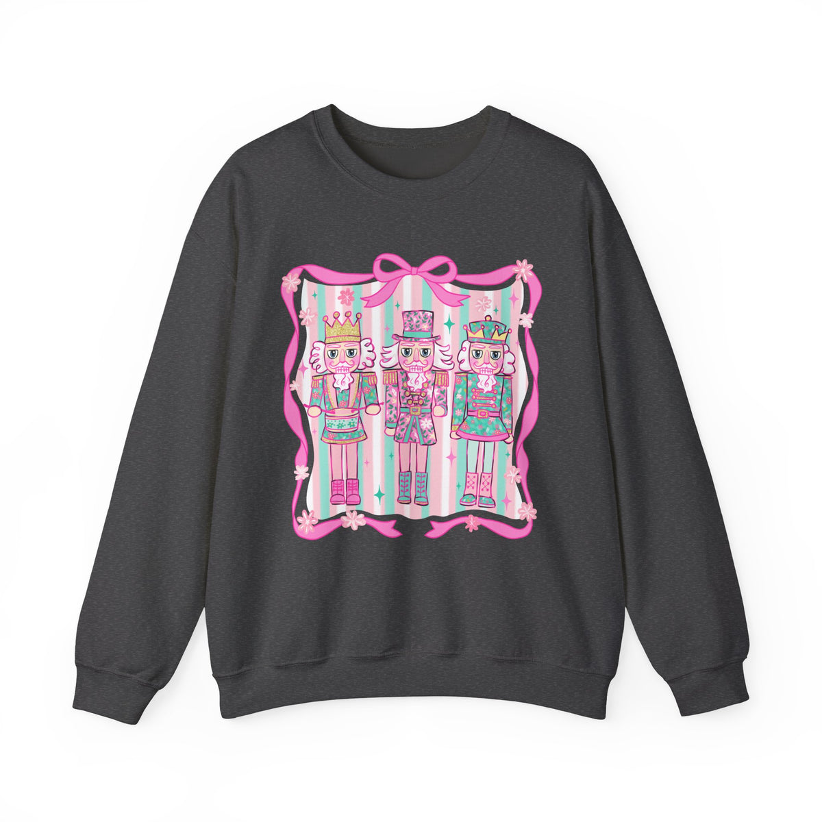Coquette Pastel Christmas Nutcracker Trio Pink and Green – Gildan Heavy Blend | Trendy Women’s Soft Sweatshirt. Direct to Garment. Printed & Shipped in the USA. Unisex Sizes.