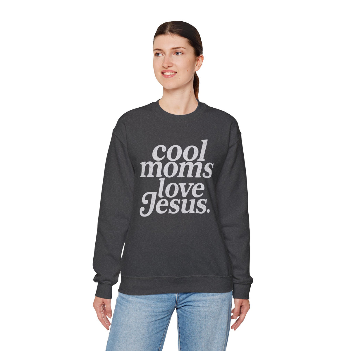 Cool Moms Love Jesus – Gildan Heavy Blend | Trendy Women’s Soft Sweatshirt. Direct to Garment. Printed & Shipped in the USA. Unisex Sizes.