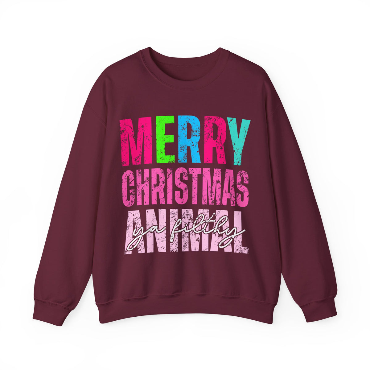 Merry Christmas Ya Filthy Animal – Gildan Heavy Blend | Trendy Women’s Soft Sweatshirt. Direct to Garment. Printed & Shipped in the USA. Unisex Sizes.