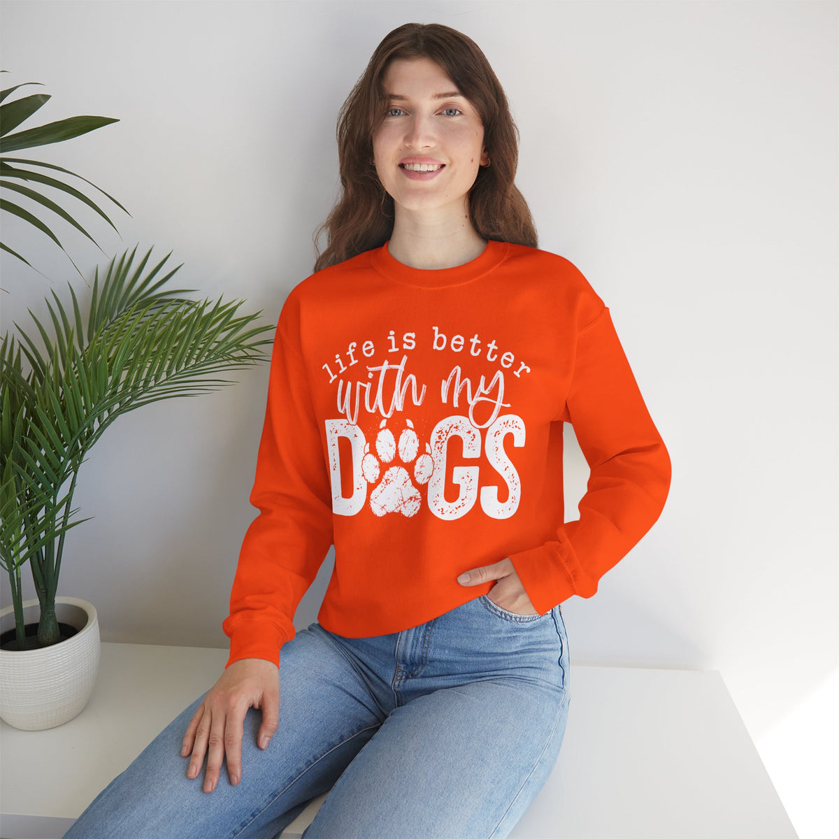 Life Is Better With My Dogs, Distressed – Gildan Heavy Blend | Trendy Women’s and Men's Soft Sweatshirt. Direct to Garment. Printed & Shipped in the USA. Unisex Sizes.