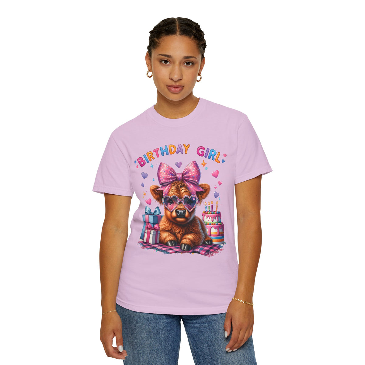 Birthday Girl, Highland Cow - Comfort Colors | Trendy Women's T-Shirt. Direct to Garment. Printed & Shipped in the USA. Unisex Sizes.