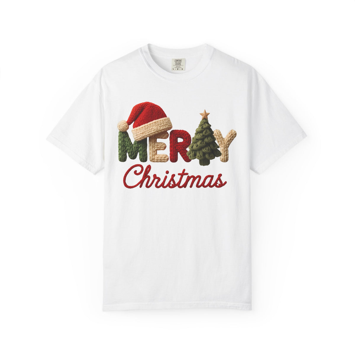 Merry Christmas Faux Yarn w/Santa Hat & Tree - Comfort Colors | Trendy Women's T-Shirt. Direct to Garment. Printed & Shipped in the USA. Unisex Sizes.