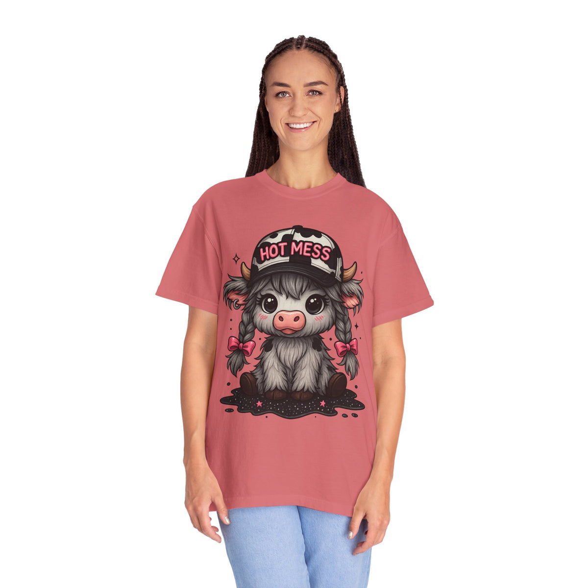 Cute Highland Cow 'Hot Mess' In Braids  - Comfort Colors | Trendy Women's T-Shirt. Direct to Garment. Printed & Shipped in the USA. Unisex Sizes.