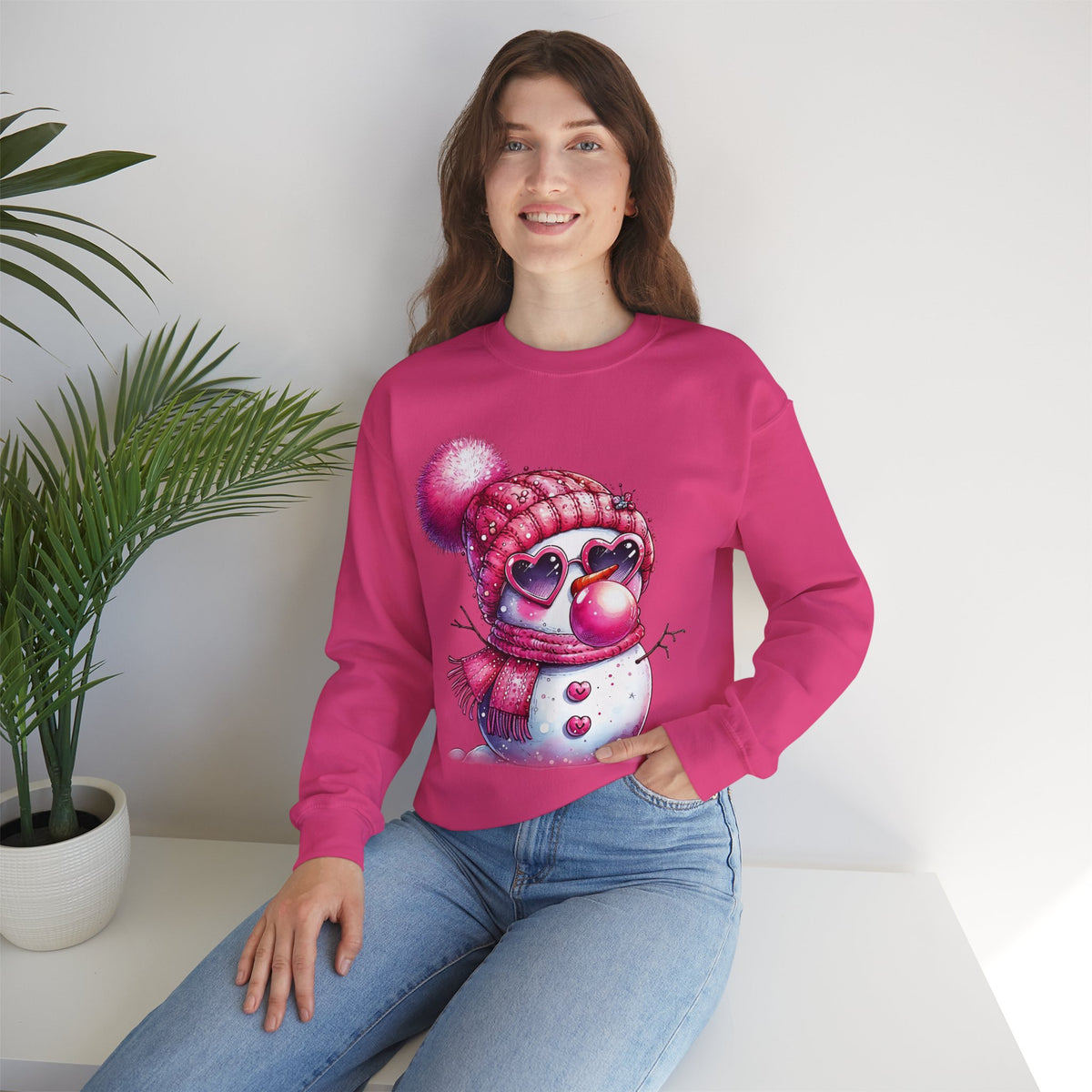 Pink Girly Snowman with Heart Sunglasses and Bubblegum - Winter – Gildan Heavy Blend | Trendy Women’s Soft Sweatshirt. Direct to Garment. Printed & Shipped in the USA. Unisex Sizes.