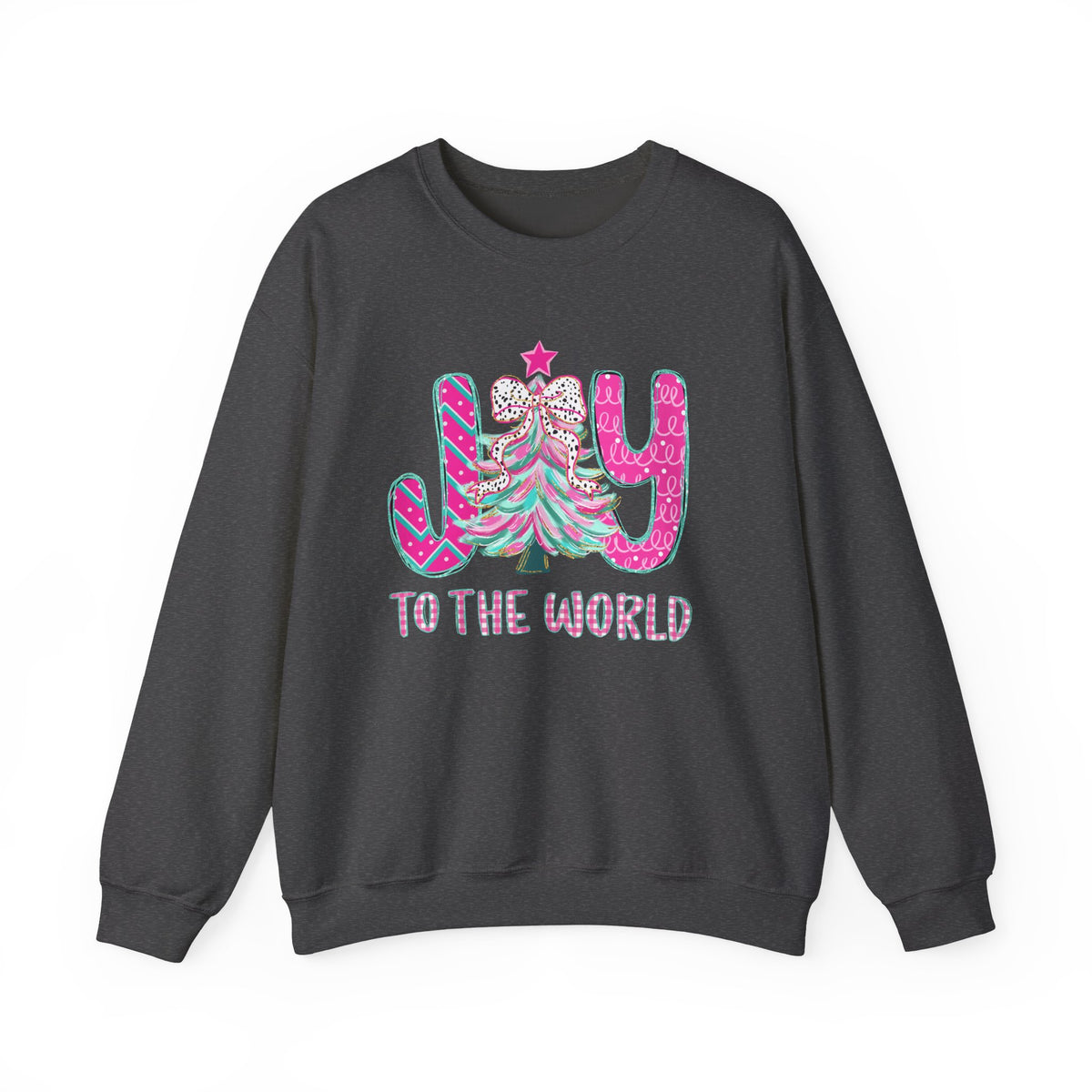 Joy to the World w/Christmas Tree Pink and Teal – Gildan Heavy Blend | Trendy Women’s Soft Sweatshirt. Direct to Garment. Printed & Shipped in the USA. Unisex Sizes.