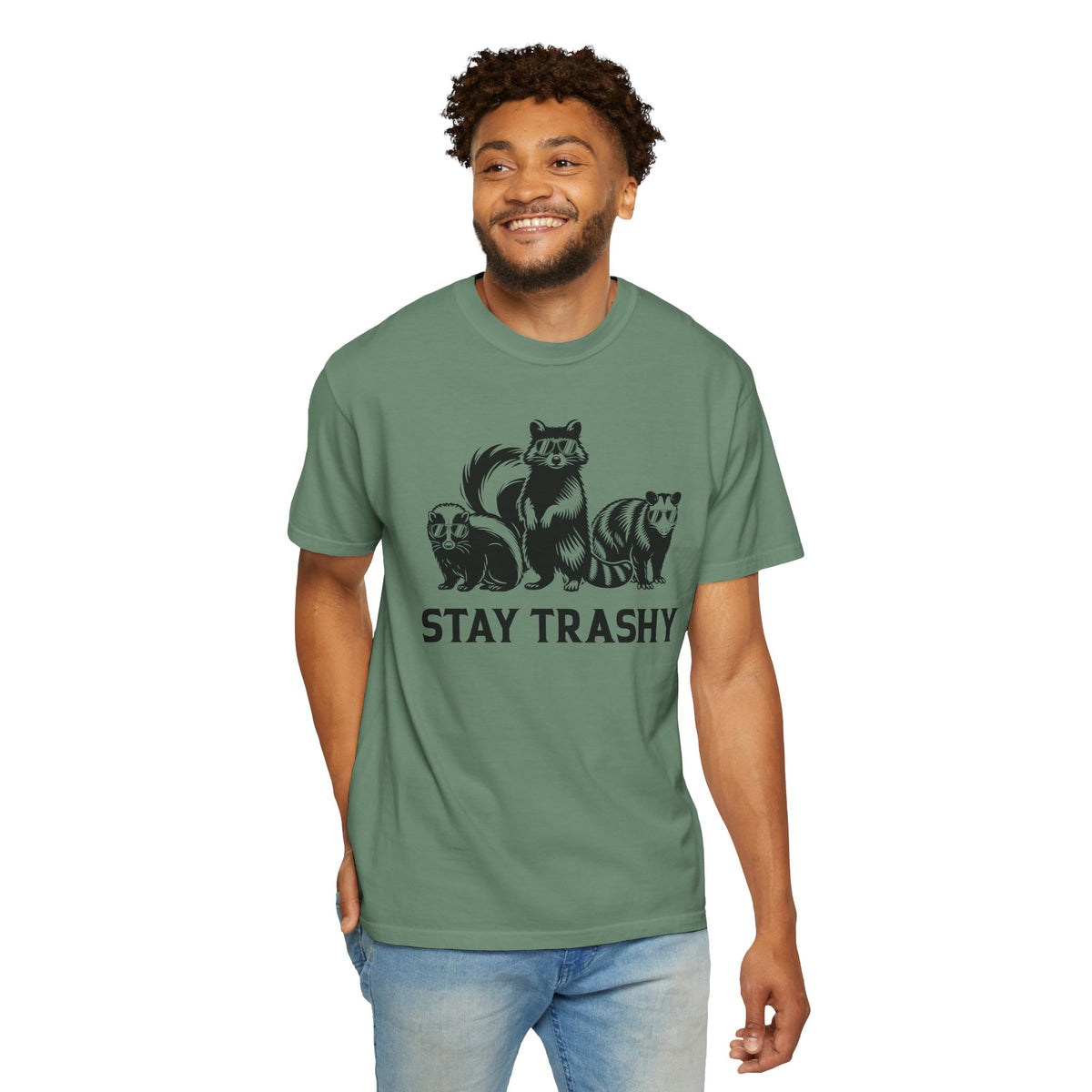 Stay Trashy, Skunk Raccoon Possum - Comfort Colors | Trendy Women's and Men's T-Shirt. Direct to Garment. Printed & Shipped in the USA. Unisex Sizes.