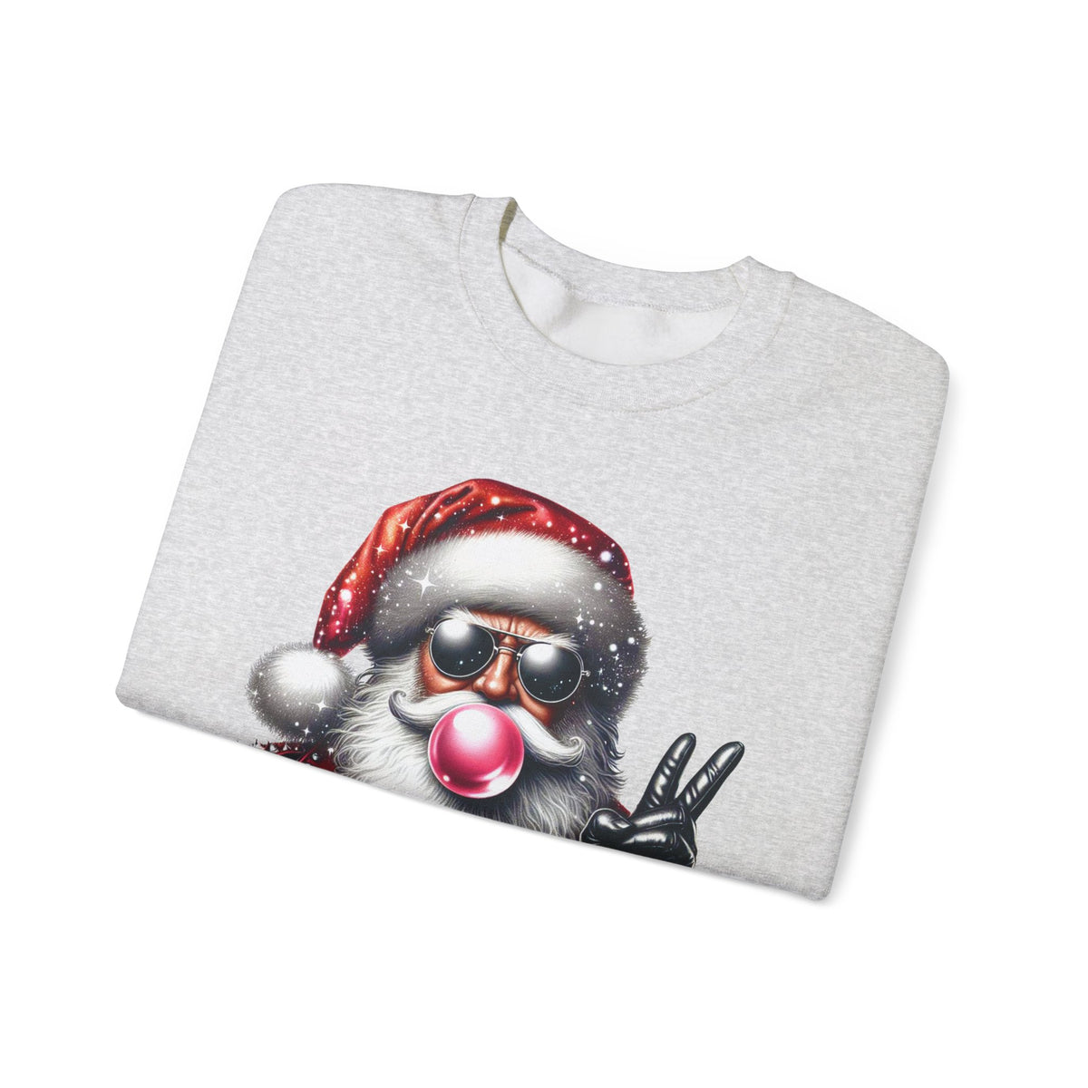 Biker Santa Leather Jacket Bubblegum – Gildan Heavy Blend | Trendy Women’s and Men's Soft Sweatshirt. Direct to Garment. Printed & Shipped in the USA. Unisex Sizes.