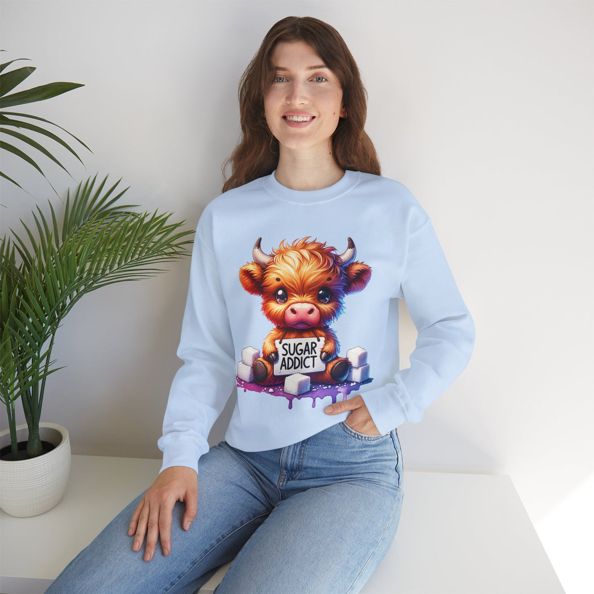 Sugar Addict Highland Cow – Gildan Heavy Blend | Trendy Women’s Soft Sweatshirt. Direct to Garment. Printed & Shipped in the USA. Unisex Sizes.
