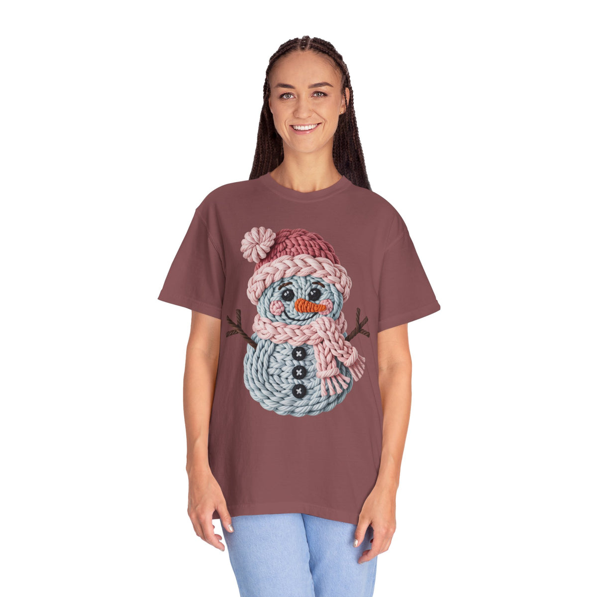 Cute Yarn Snowman - Pink Scarf - Comfort Colors | Trendy Women's T-Shirt. Direct to Garment. Printed & Shipped in the USA. Unisex Sizes.