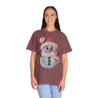 Cute Yarn Snowman - Pink Scarf - Comfort Colors | Trendy Women's T-Shirt. Direct to Garment. Printed & Shipped in the USA. Unisex Sizes.