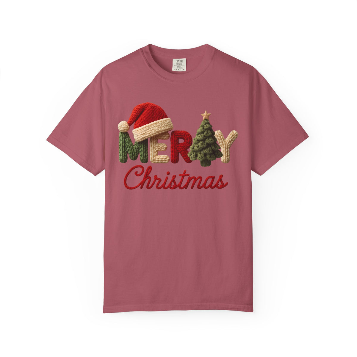 Merry Christmas Faux Yarn w/Santa Hat & Tree - Comfort Colors | Trendy Women's T-Shirt. Direct to Garment. Printed & Shipped in the USA. Unisex Sizes.