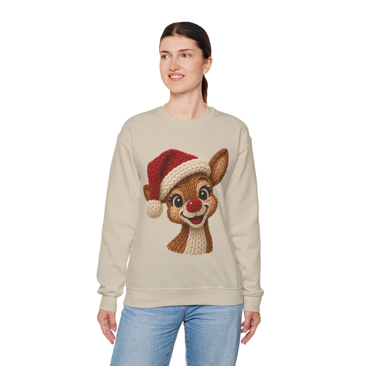 Cute Rudolph Faux Knit Look Reindeer w/Santa Hat – Gildan Heavy Blend | Trendy Women’s Soft Sweatshirt. Direct to Garment. Printed & Shipped in the USA. Unisex Sizes.