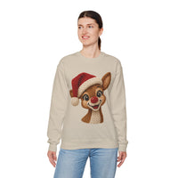 Cute Rudolph Faux Knit Look Reindeer w/Santa Hat – Gildan Heavy Blend | Trendy Women’s Soft Sweatshirt. Direct to Garment. Printed & Shipped in the USA. Unisex Sizes.