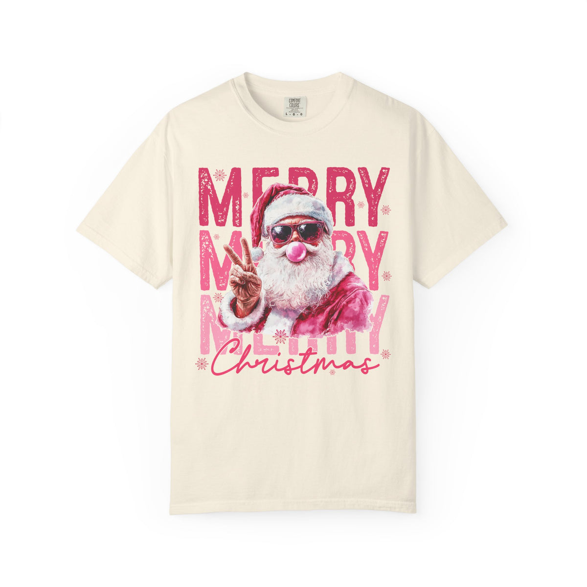 Pink Merry Christmas Bubblegum Santa - Comfort Colors | Trendy Women's T-Shirt. Direct to Garment. Printed & Shipped in the USA. Unisex Sizes.