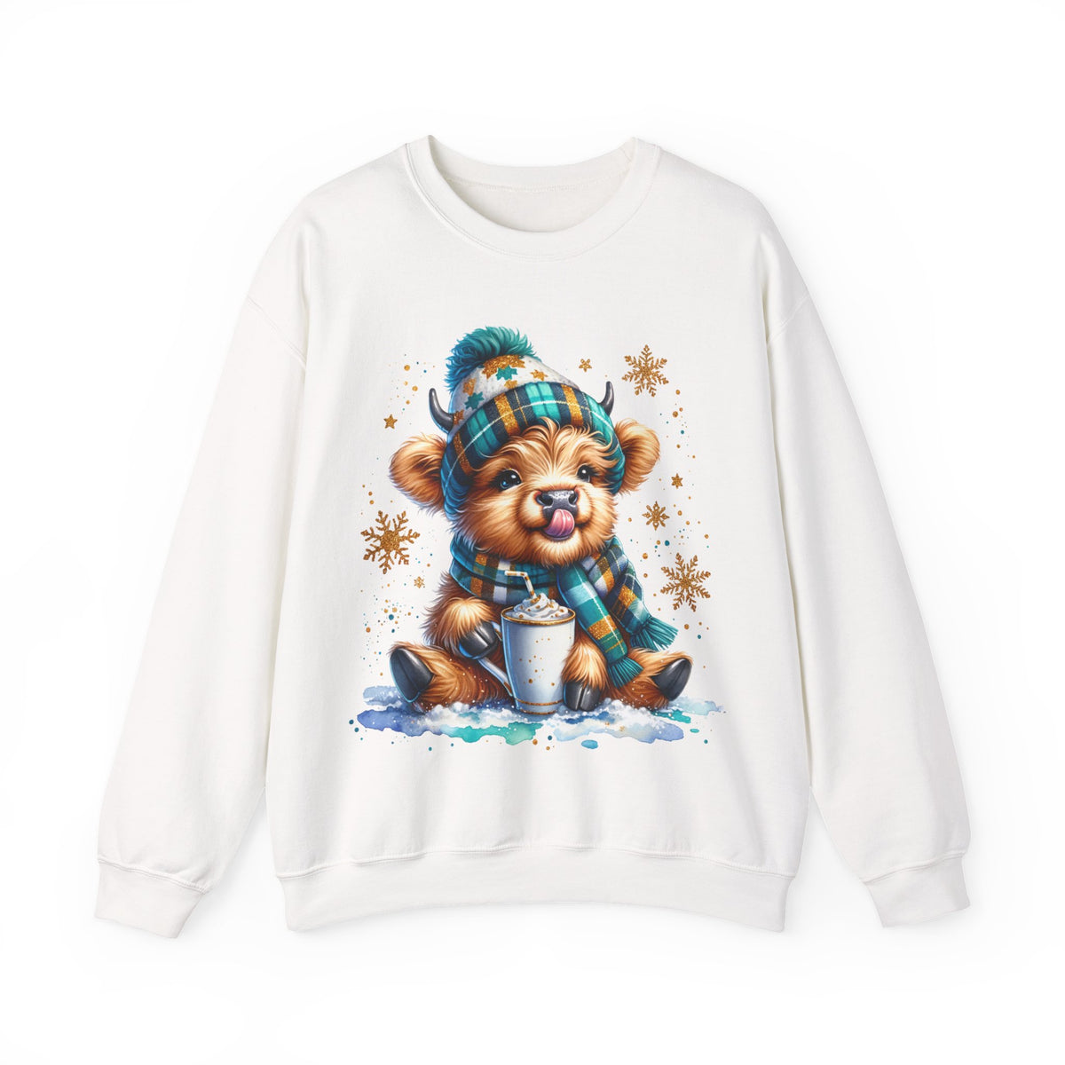 Winter Baby Highland Cow with Cocoa – Gildan Heavy Blend | Trendy Women’s Soft Sweatshirt. Direct to Garment. Printed & Shipped in the USA. Unisex Sizes.