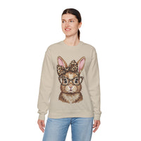 Bunny with Leopard Glasses and Bow – Gildan Heavy Blend | Trendy Women’s Soft Sweatshirt. Direct to Garment. Printed & Shipped in the USA. Unisex Sizes.