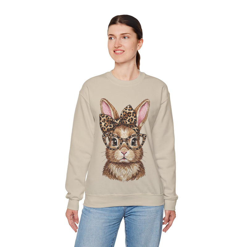 Bunny with Leopard Glasses and Bow – Gildan Heavy Blend | Trendy Women’s Soft Sweatshirt. Direct to Garment. Printed & Shipped in the USA. Unisex Sizes.