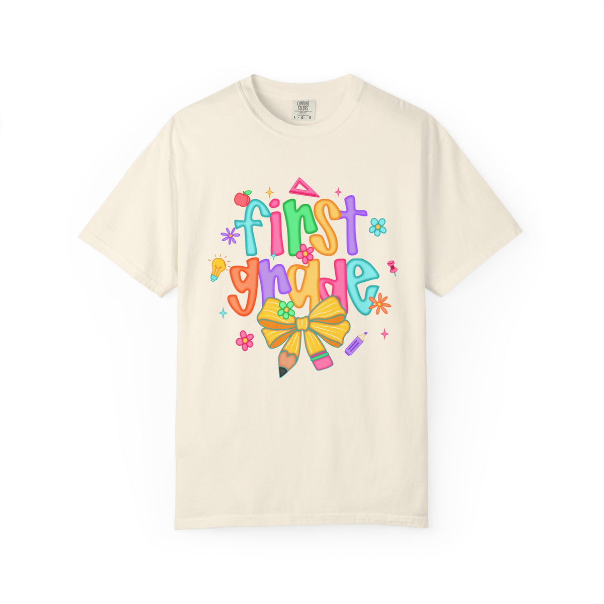 Coquette First Grade Pencil Bow - Comfort Colors | Trendy Women's T-Shirt. Direct to Garment. Printed & Shipped in the USA. Unisex Sizes.