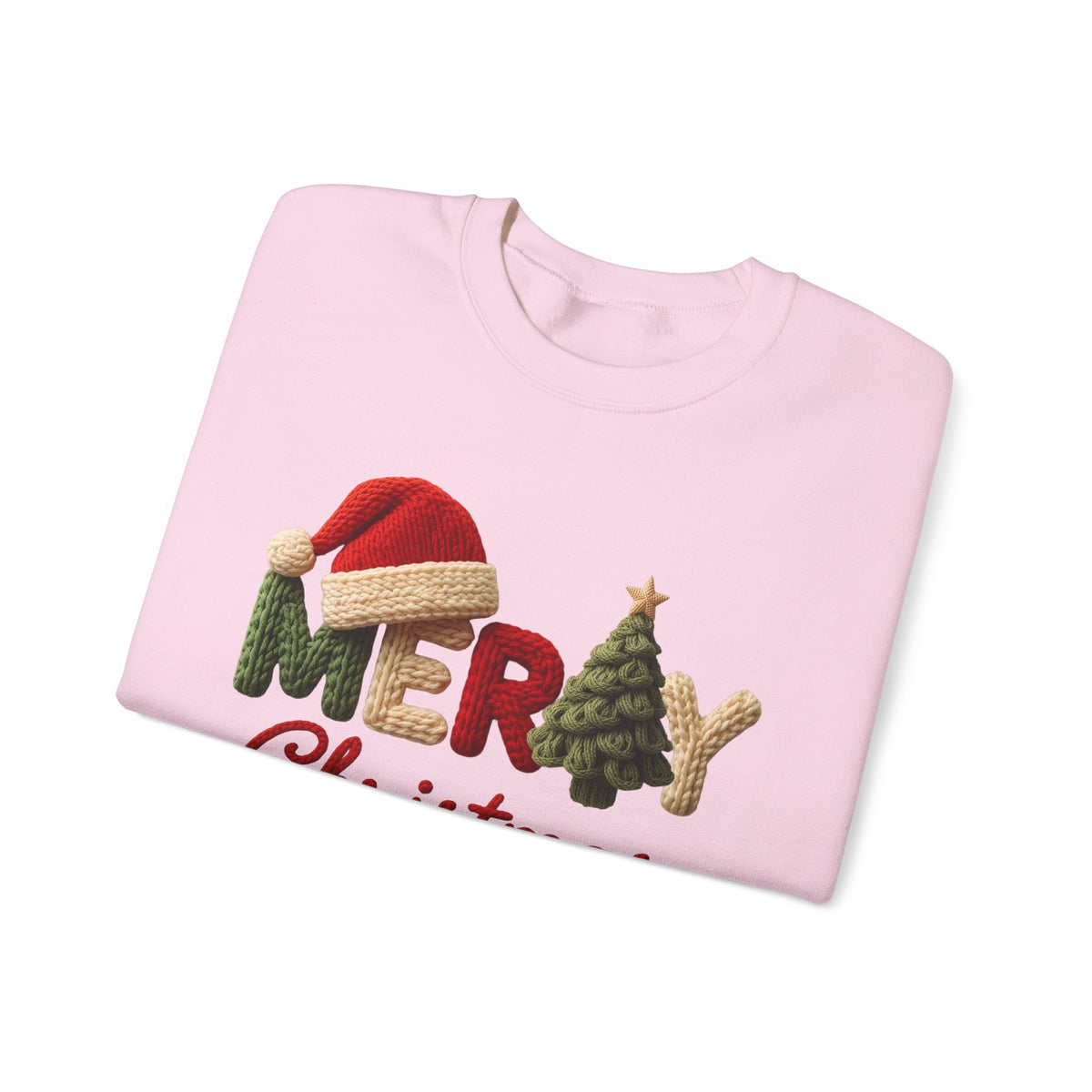 Merry Christmas Faux Yarn w/Santa Hat & Tree – Gildan Heavy Blend | Trendy Women’s Soft Sweatshirt. Direct to Garment. Printed & Shipped in the USA. Unisex Sizes.