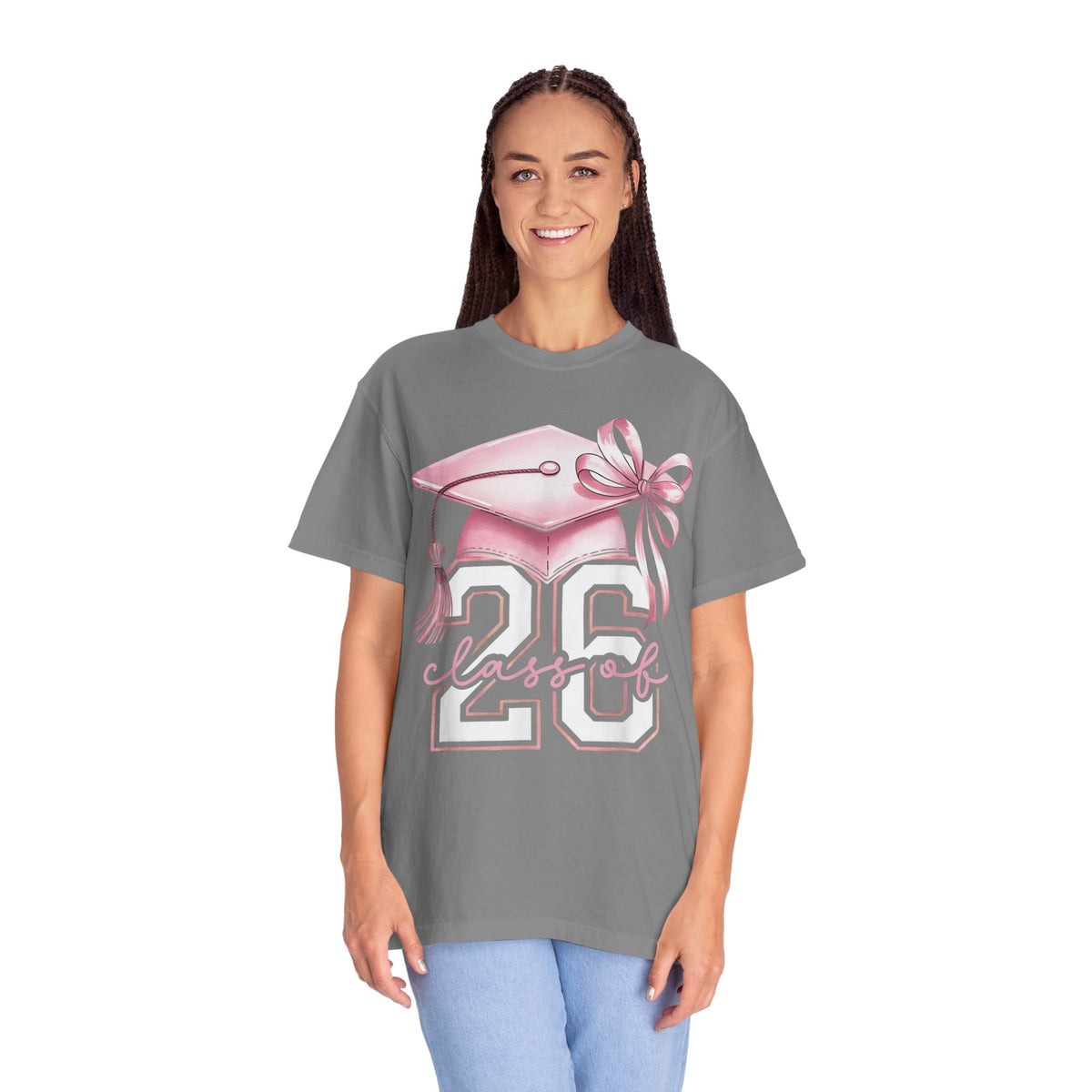 Pink Coquette, Class of 2026 Graduation Cap - Comfort Colors | Trendy Women's T-Shirt. Direct to Garment. Printed & Shipped in the USA. Unisex Sizes.