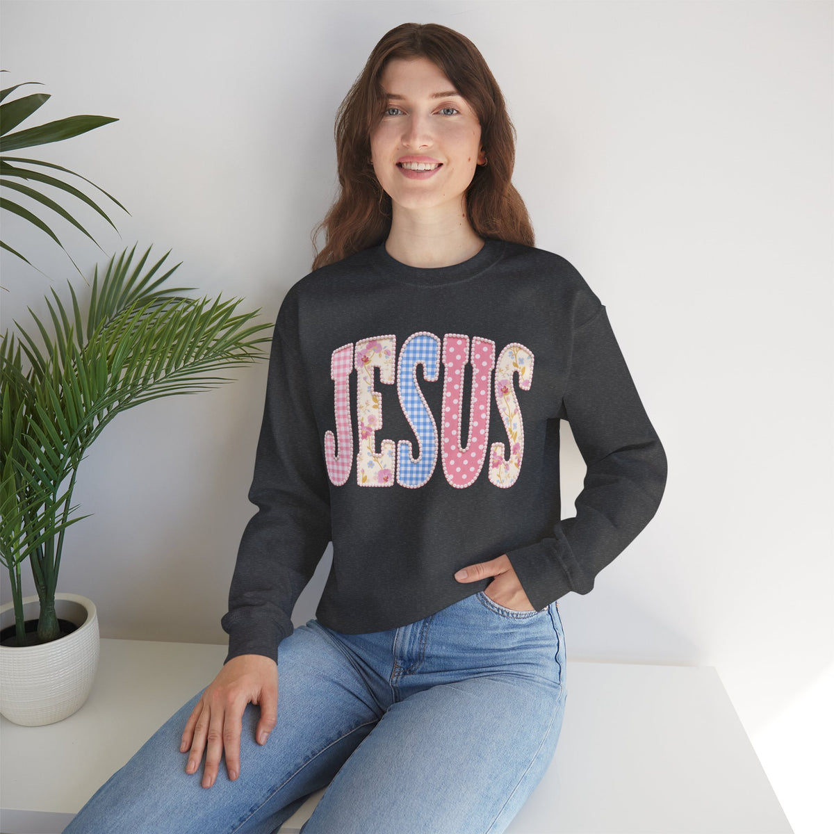 JESUS Pastel Faux Patchwork – Gildan Heavy Blend | Trendy Women’s Soft Sweatshirt. Direct to Garment. Printed & Shipped in the USA. Unisex Sizes.
