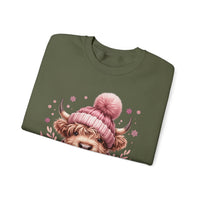 Cozy Highland Cow, Winter Coffee Mug & Scarf Pink – Gildan Heavy Blend | Trendy Women’s Soft Sweatshirt. Direct to Garment. Printed & Shipped in the USA. Unisex Sizes.