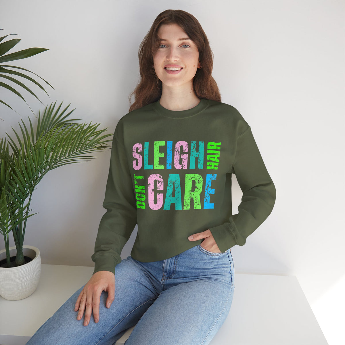 Sleigh Hair Don’t Care, Funny Christmas Graphic Tee – Gildan Heavy Blend | Trendy Women’s Soft Sweatshirt. Direct to Garment. Printed & Shipped in the USA. Unisex Sizes.