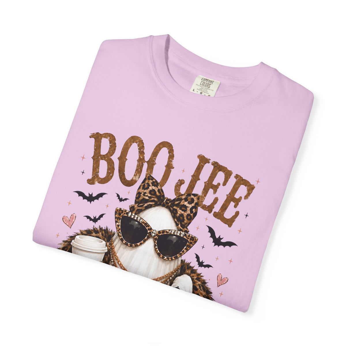 BooJee Ghost with Coffee - Halloween - Comfort Colors | Trendy Women's T-Shirt. Direct to Garment. Printed & Shipped in the USA. Unisex Sizes.