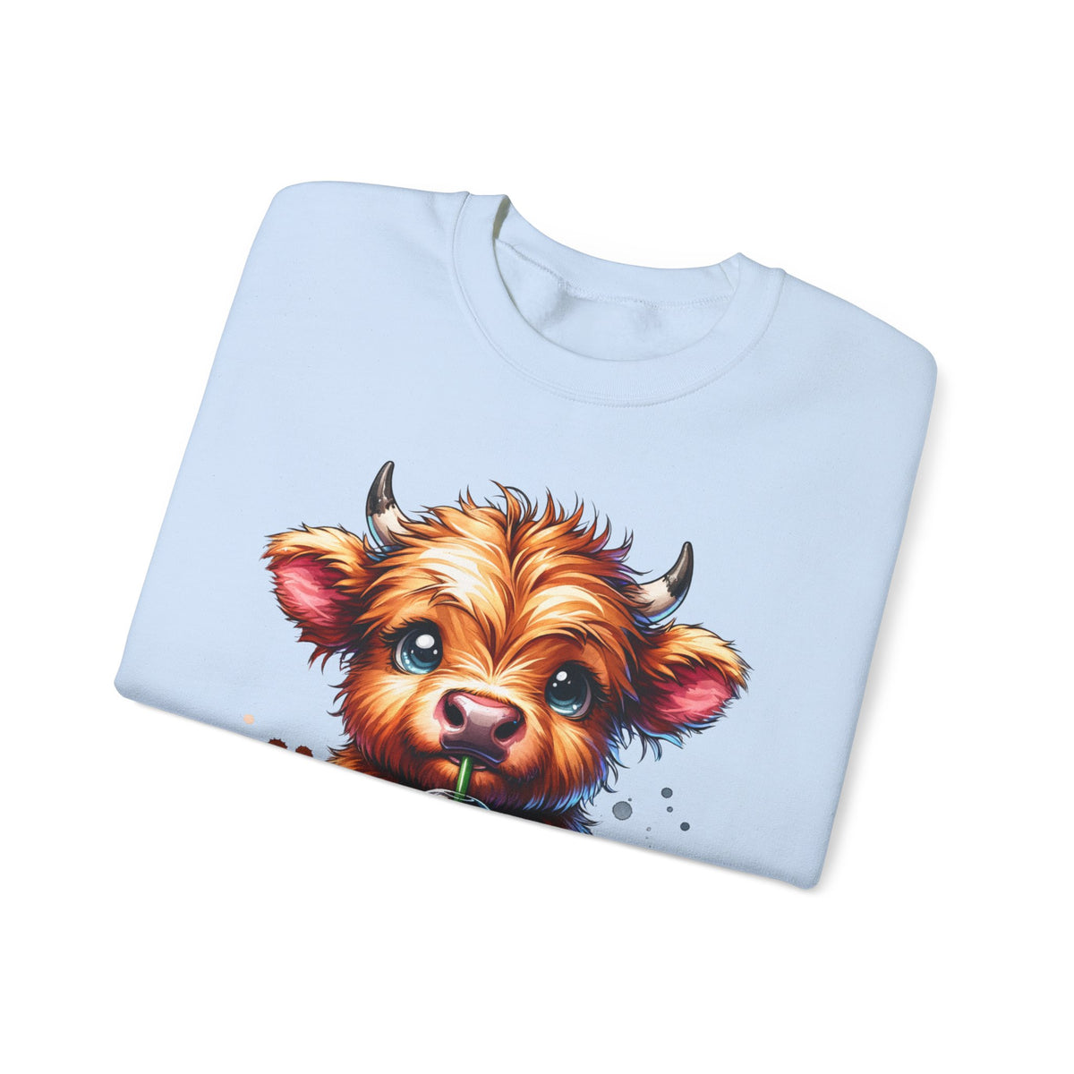 Coffee Addict Highland Cow Drinking Iced Coffee – Gildan Heavy Blend | Trendy Women’s Soft Sweatshirt. Direct to Garment. Printed & Shipped in the USA. Unisex Sizes.