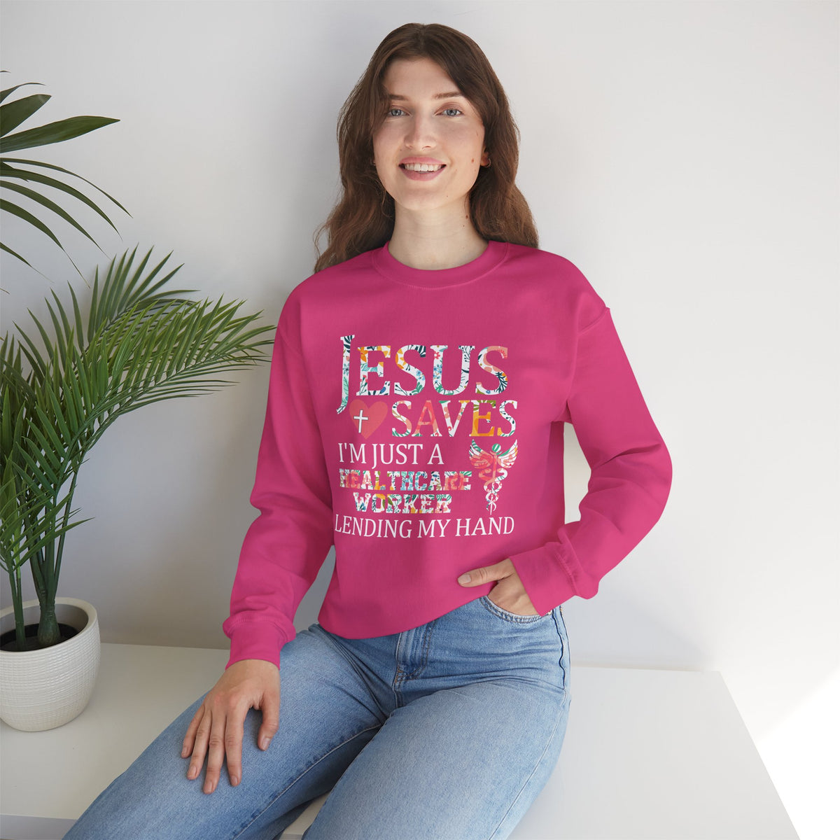 Jesus Saves - Healthcare Worker Lending My Hand – Gildan Heavy Blend | Trendy Women’s Soft Sweatshirt. Direct to Garment. Printed & Shipped in the USA. Unisex Sizes.