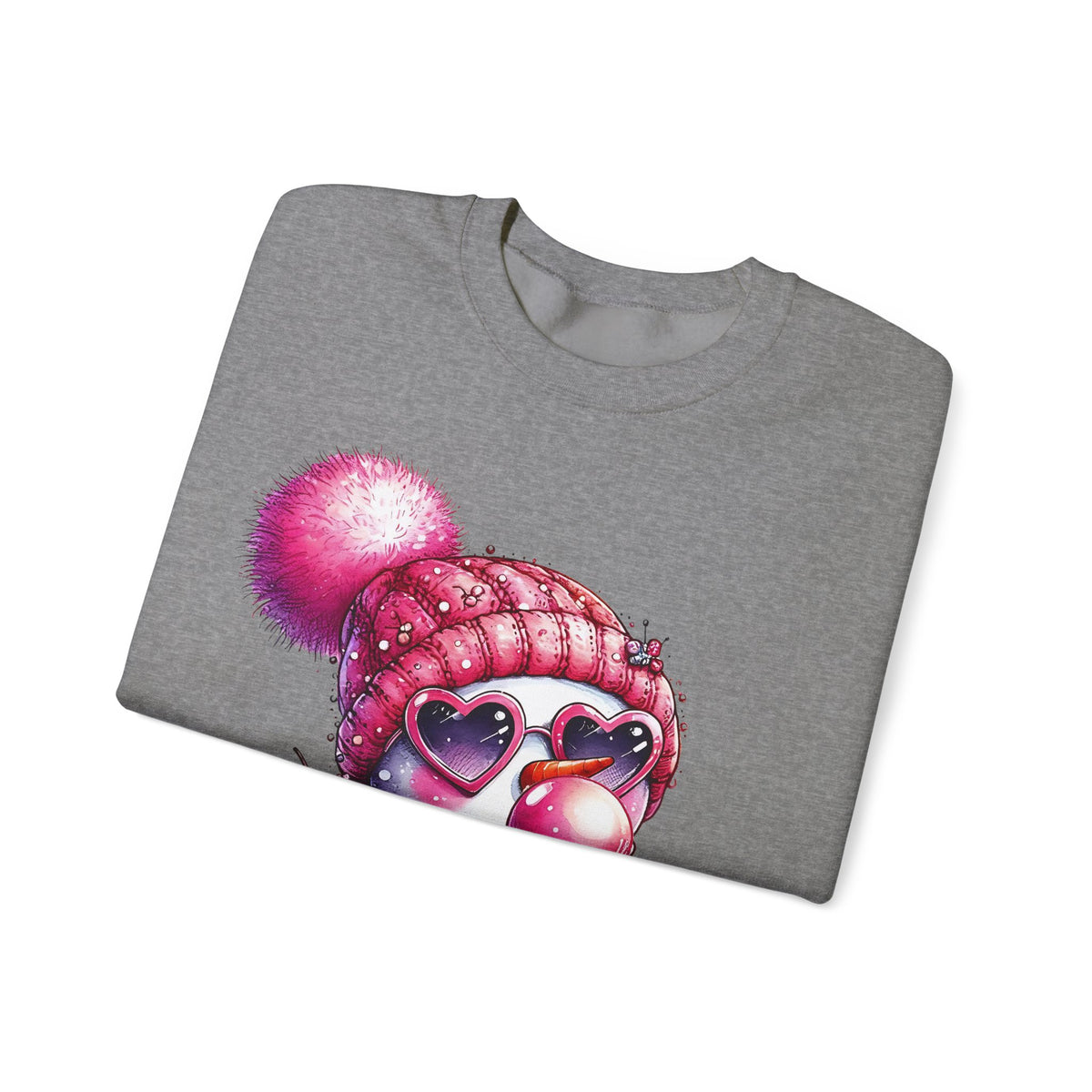 Pink Girly Snowman with Heart Sunglasses and Bubblegum - Winter – Gildan Heavy Blend | Trendy Women’s Soft Sweatshirt. Direct to Garment. Printed & Shipped in the USA. Unisex Sizes.