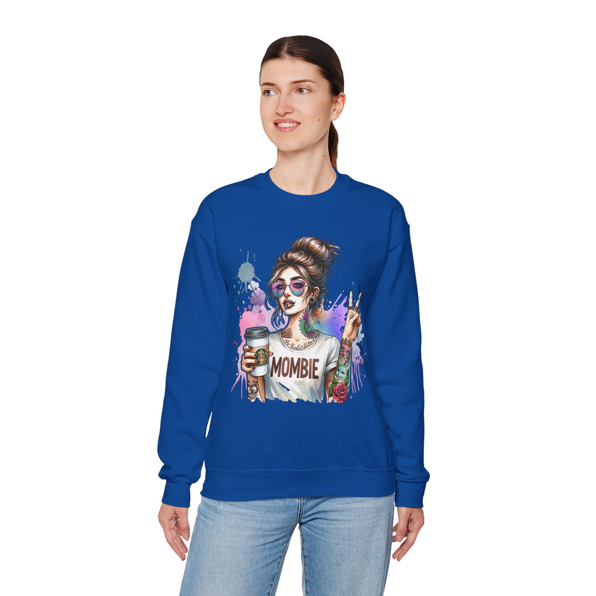 Cool Mombie with Coffee Peace Tattoo - Tired Mom – Gildan Heavy Blend | Trendy Women’s Soft Sweatshirt. Direct to Garment. Printed & Shipped in the USA. Unisex Sizes.