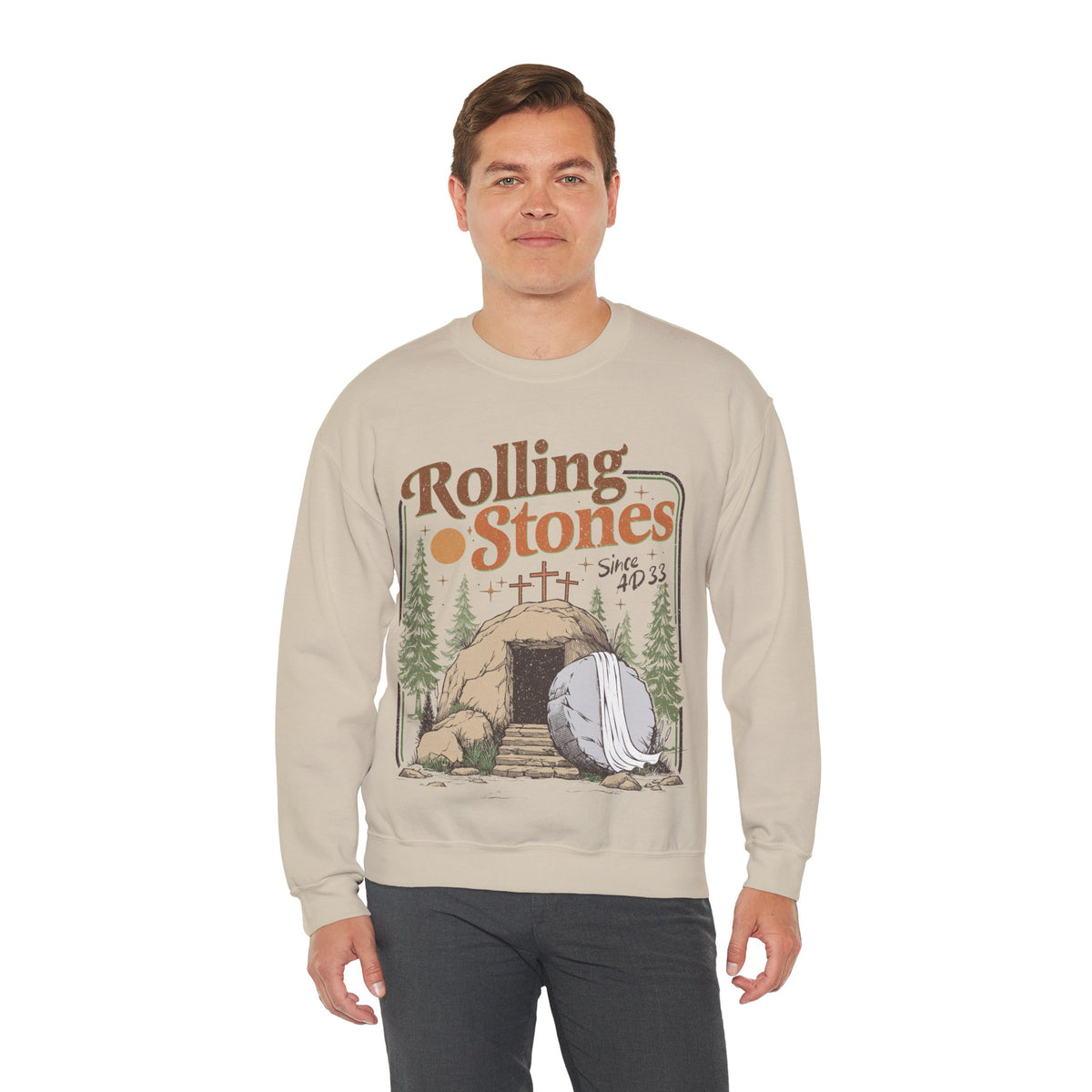 Rolling Stones "Since AD33" Easter Empty Tomb Christian – Gildan Heavy Blend | Trendy Men's and Women’s Soft Sweatshirt. Direct to Garment. Printed & Shipped in the USA. Unisex Sizes.